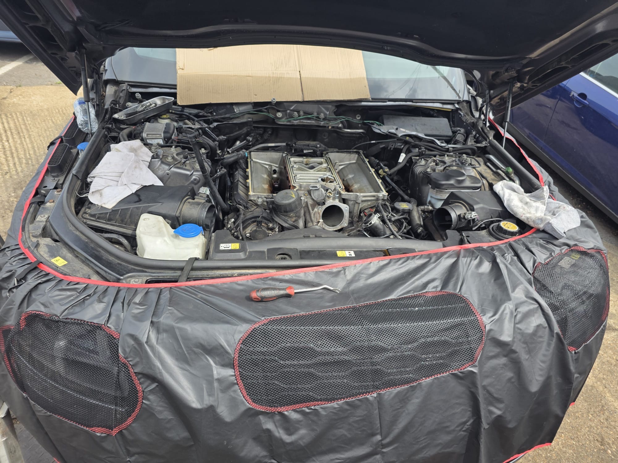 Mercedes V6 engine bay with inlet manifold removed for cleaning