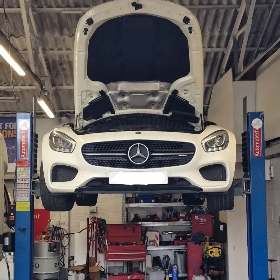 Mercedes-AMG GT on the two-post lift at MS Autocare